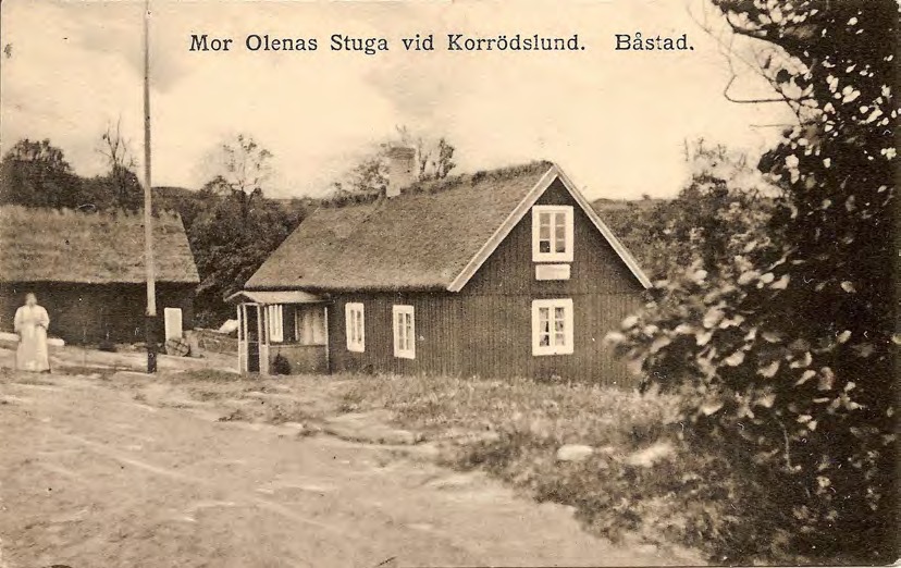 Framsida av Mor Olenas Stuga vid Korrödslund. Båstad.