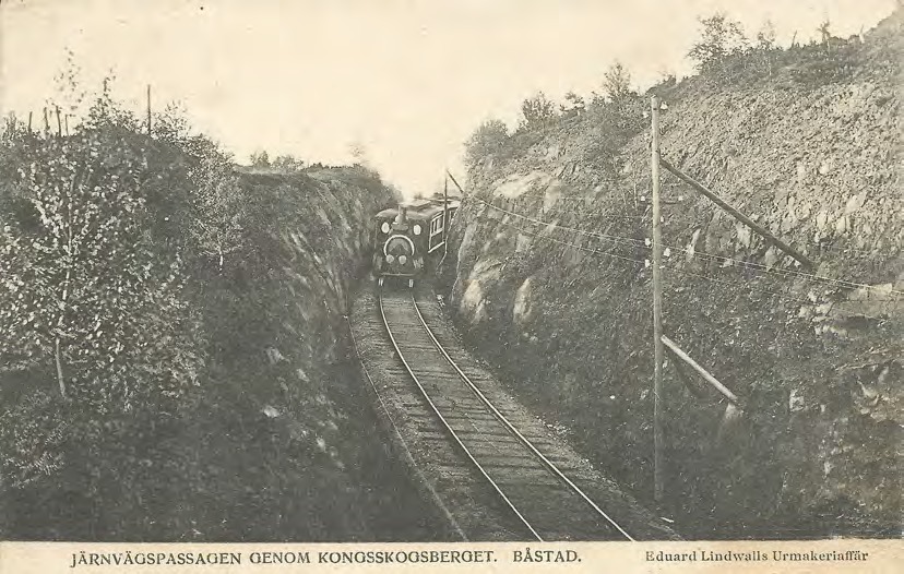 Framsida av JÄRNVÄGSPASSAGEN GENOM KONGSSKOGSBERGET. BÅSTAD.