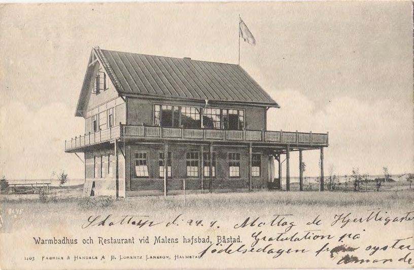 Framsida av Warmbadhus och Restaurant vid Malens hafsbad, Båstad.