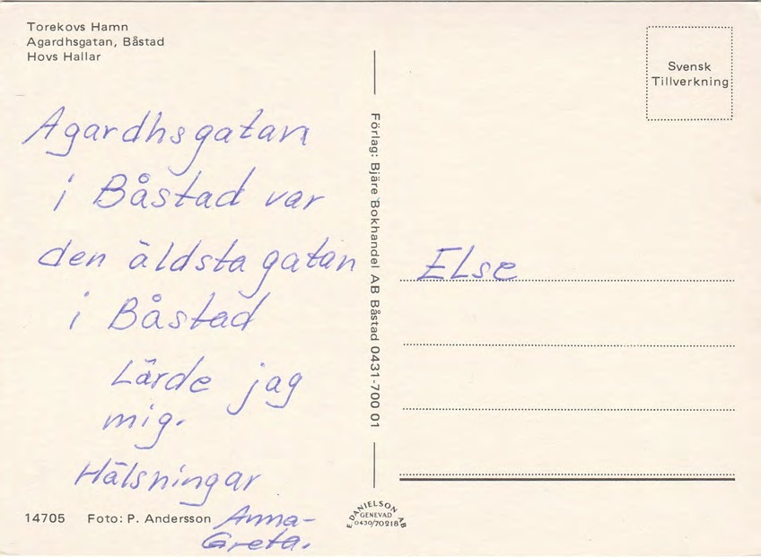 Baksida av Hälsning från Bjärebygd / Torekovs Hamn Agardhsgatan Båstad Hovs Hall