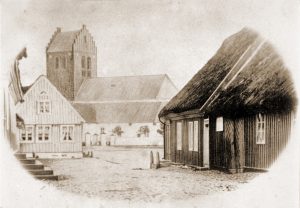 Båstad kyrka och torget före branden 1870.